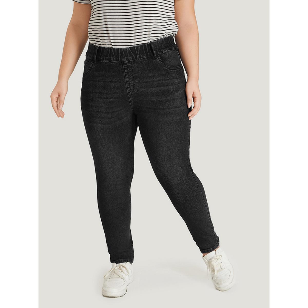 Plus Size Plain Elastic Waist Medium Wash Roll Hem Jeans Women Black Casual Plain Plain High stretch Pocket Jeans BloomChic 26/4X Product Image