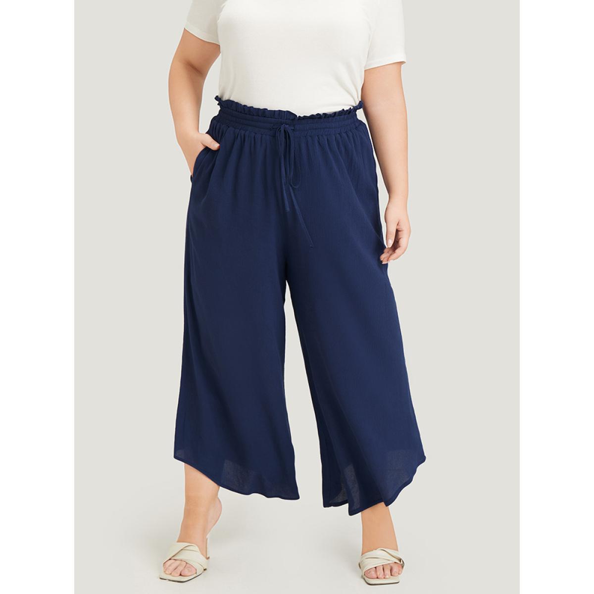 Plus Size Solid Paperbag Waist Asymmetrical Hem Wide Leg Pants Women Indigo Elegant High Rise Dailywear Pants BloomChic 10/M Product Image