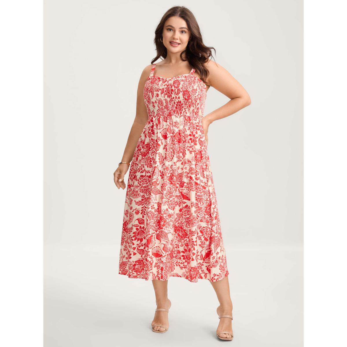 Plus Size Floral Shirred Ruffled Cami Midi Dress Crimson Women Heart neckline Sleeveless Curvy BloomChic 14-16/1X Product Image