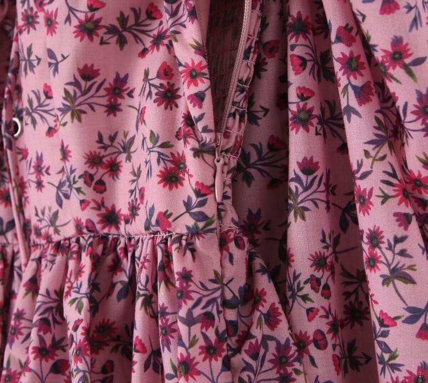 Long-Sleeve Floral Tiered Mini A-Line Dress Product Image