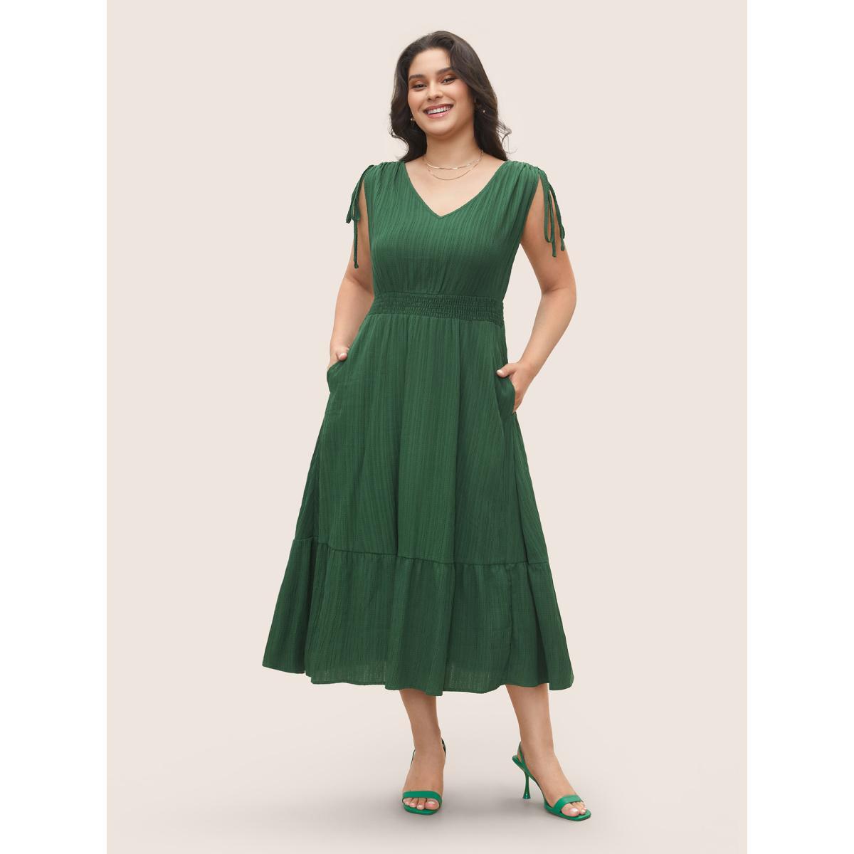 Plus Size Solid Texture Shirred Drawstring sleeve Dress DarkGreen Women Elegant Texture V-neck Cap Sleeve Curvy Midi Dress BloomChic 30/6X Product Image