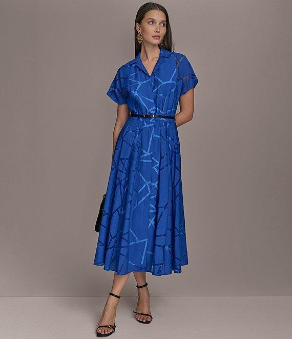 Donna Karan Burnout Notch Collar Short Sleeve Belted Button Front Midi Dress Product Image