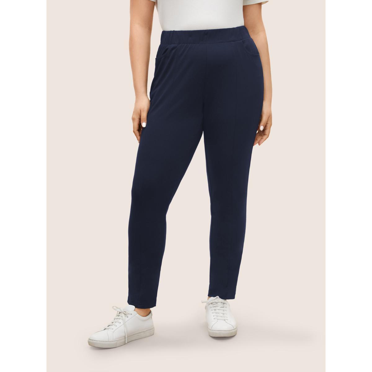 Plus Size Plain Elastic Waist High Rise Slim Pants Women Midnight At the Office High Rise Work Pants BloomChic 18-20/2X Product Image