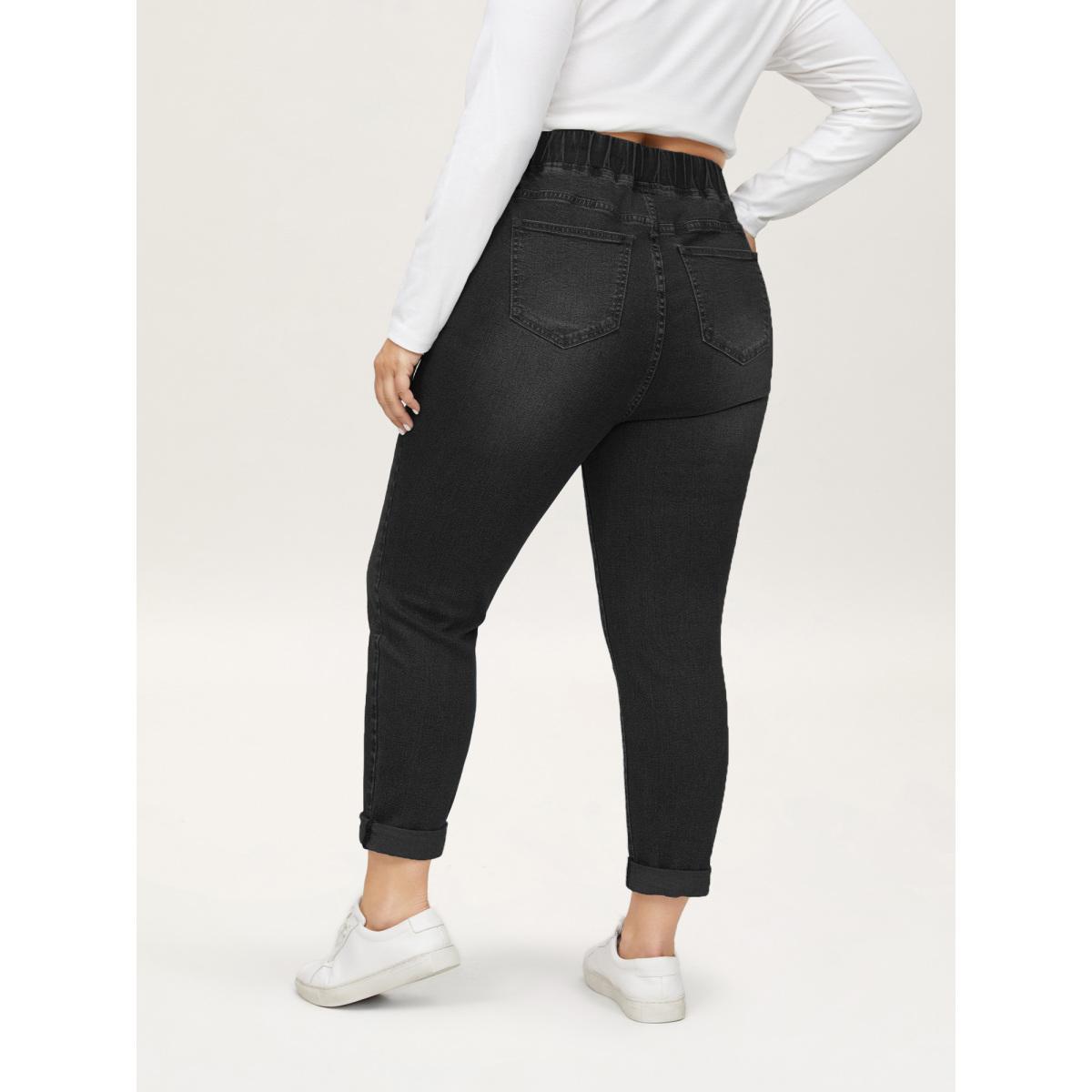 Plus Size Drawstring Elastic Waist Roll Hem Jeans Women DarkBlue Casual Plain Drawstring High stretch Slanted pocket Jeans BloomChic 26/4X Product Image