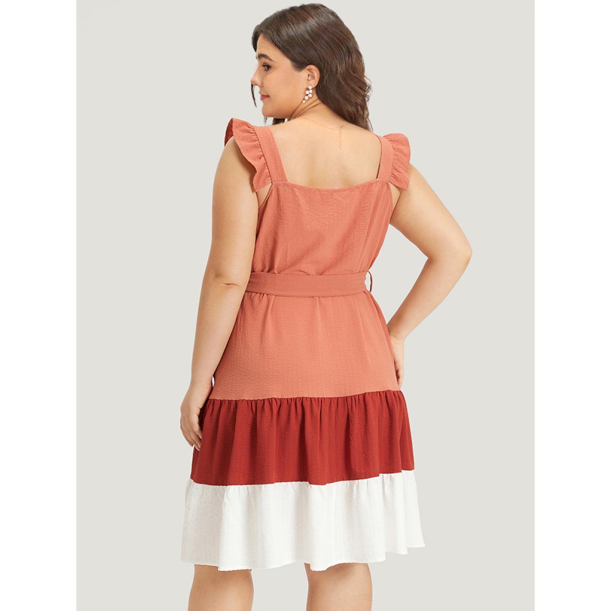 Plus Size Contrast Ruffles Pocket Belted Square Neck Cami Dress Russet Women Vacation Belted Square Neck Sleeveless Curvy Knee Dress BloomChic 18-20/2X Product Image