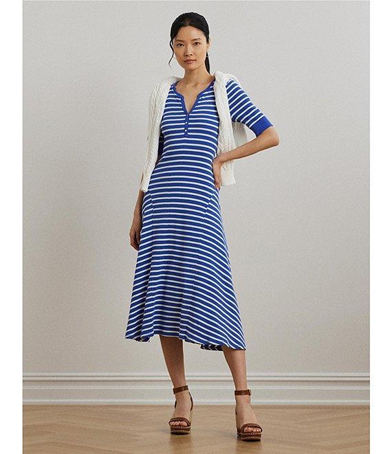 Lauren Ralph Lauren Knit Stripe Print Point Collar Elbow Sleeve Midi Dress Product Image