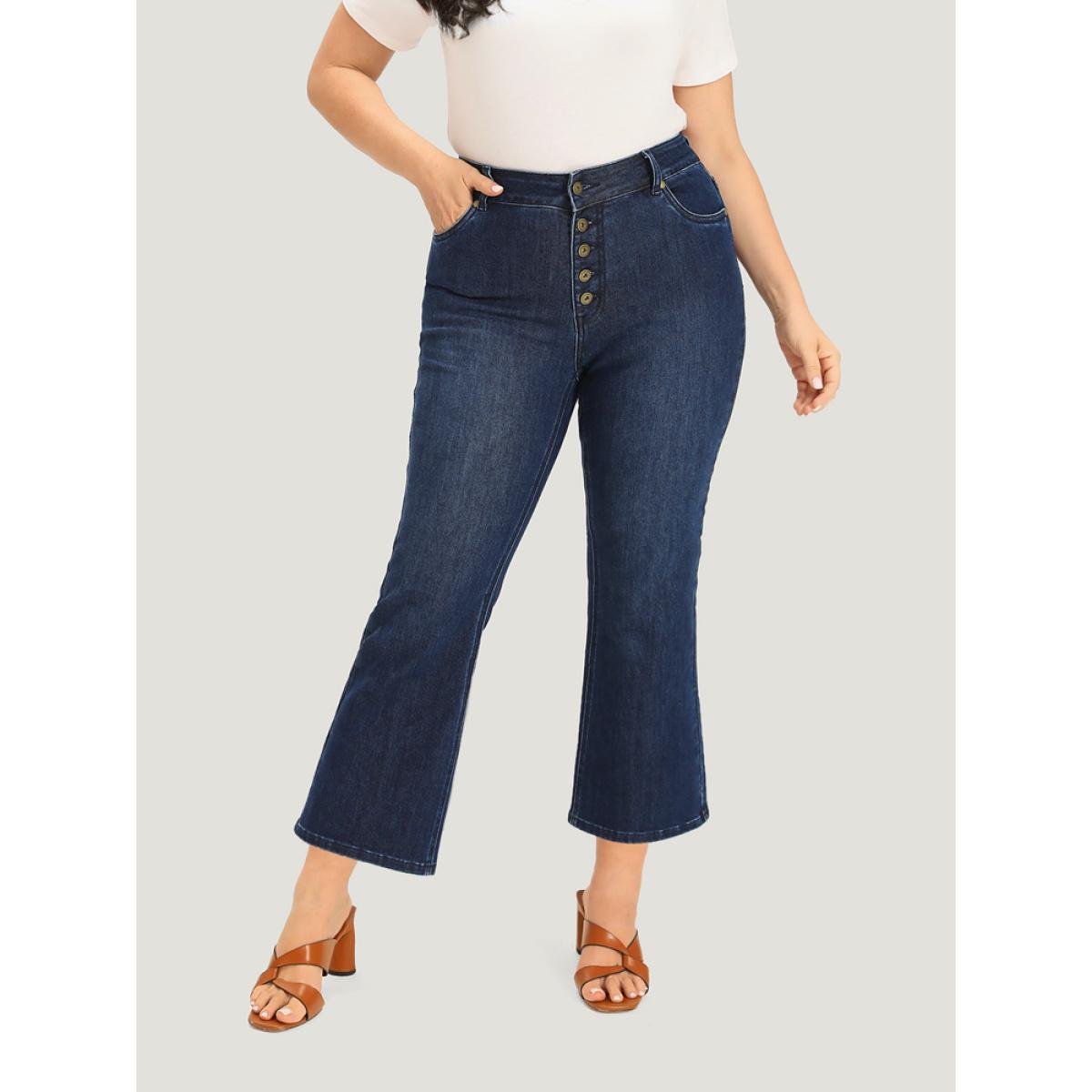 Plus Size Plain Button Fly High Rise Bootcut Jeans Women DarkBlue Casual Plain Plain Medium stretch Pocket Jeans BloomChic 22/3X Product Image