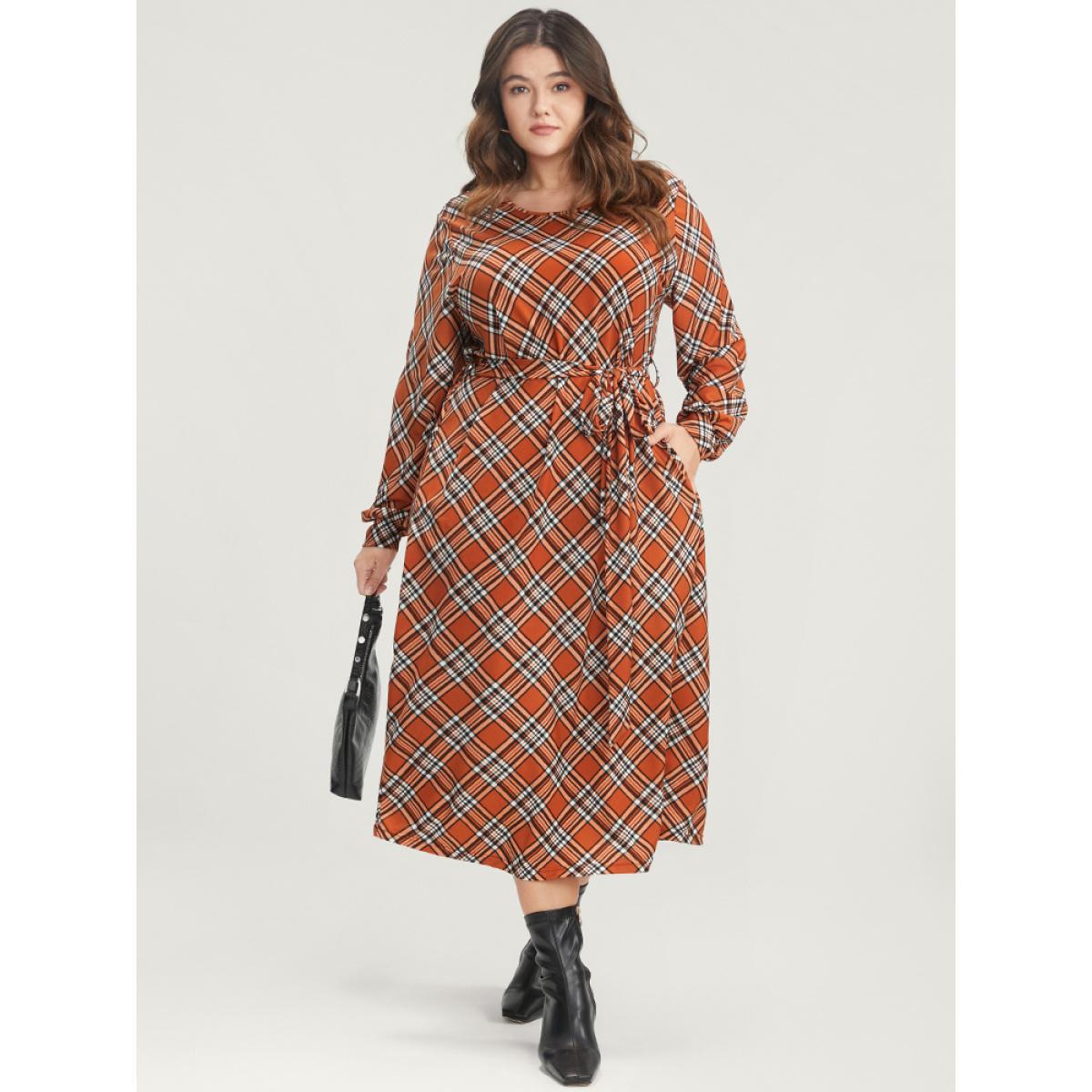 Plus Size Tartan Round Neck Pocket Belted Midi Dress Chocolate Women Elegant Belted Round Neck Long Sleeve Curvy Midi Dress BloomChic 30/6X Product Image