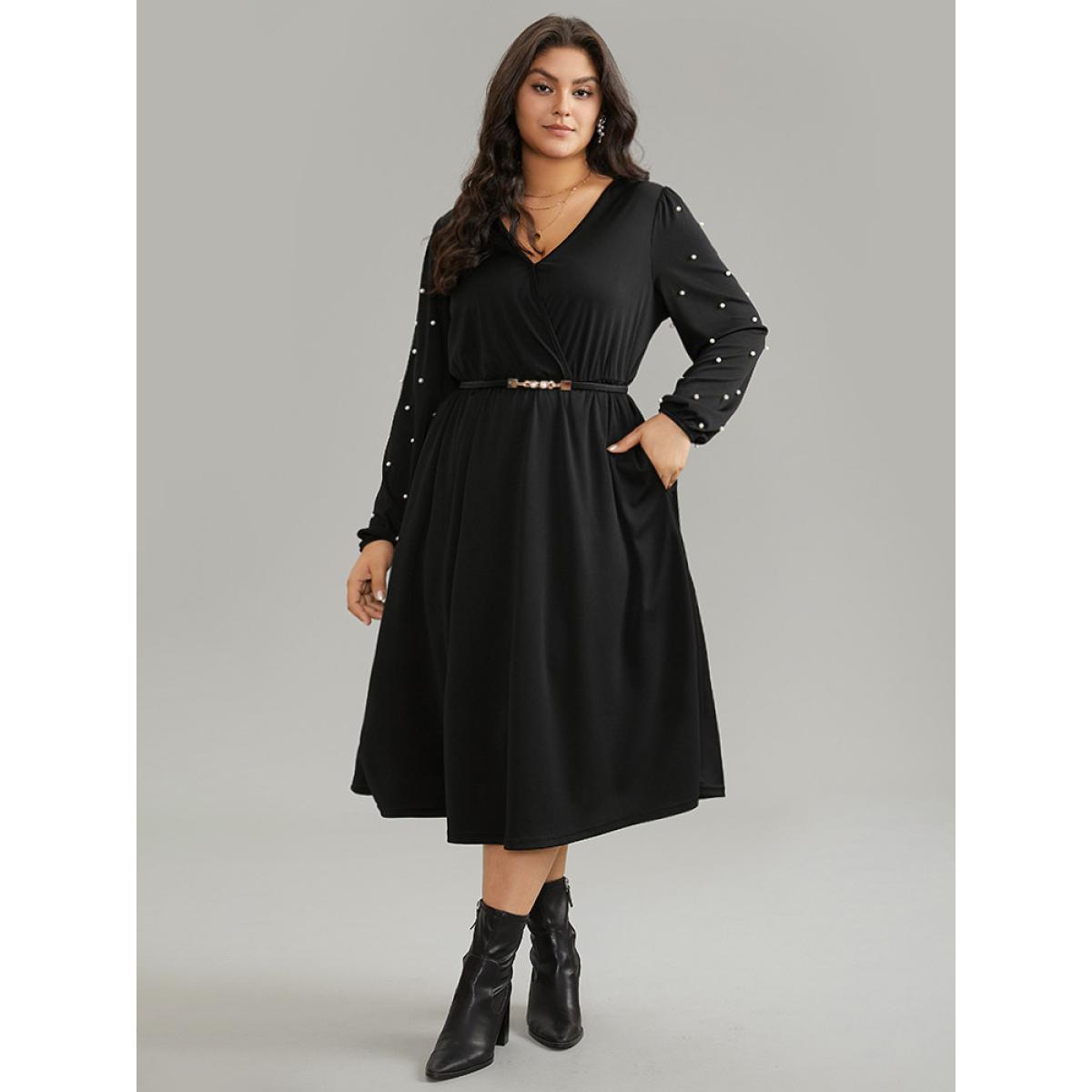 Plus Size Beaded Overlap Collar Pocket Elastic Waist Dress Black Women Elegant Elastic cuffs Overlap Collar Long Sleeve Curvy Midi Dress BloomChic 14-16/1X Product Image