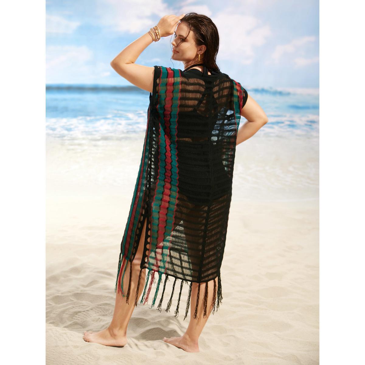 Plus Size Contrast Striped Tassel Trim Split Side Swim Cover Up Women's Swimwear Black Beach Loose Crochet Curve Swim Cover Ups BloomChic 30/6X Product Image