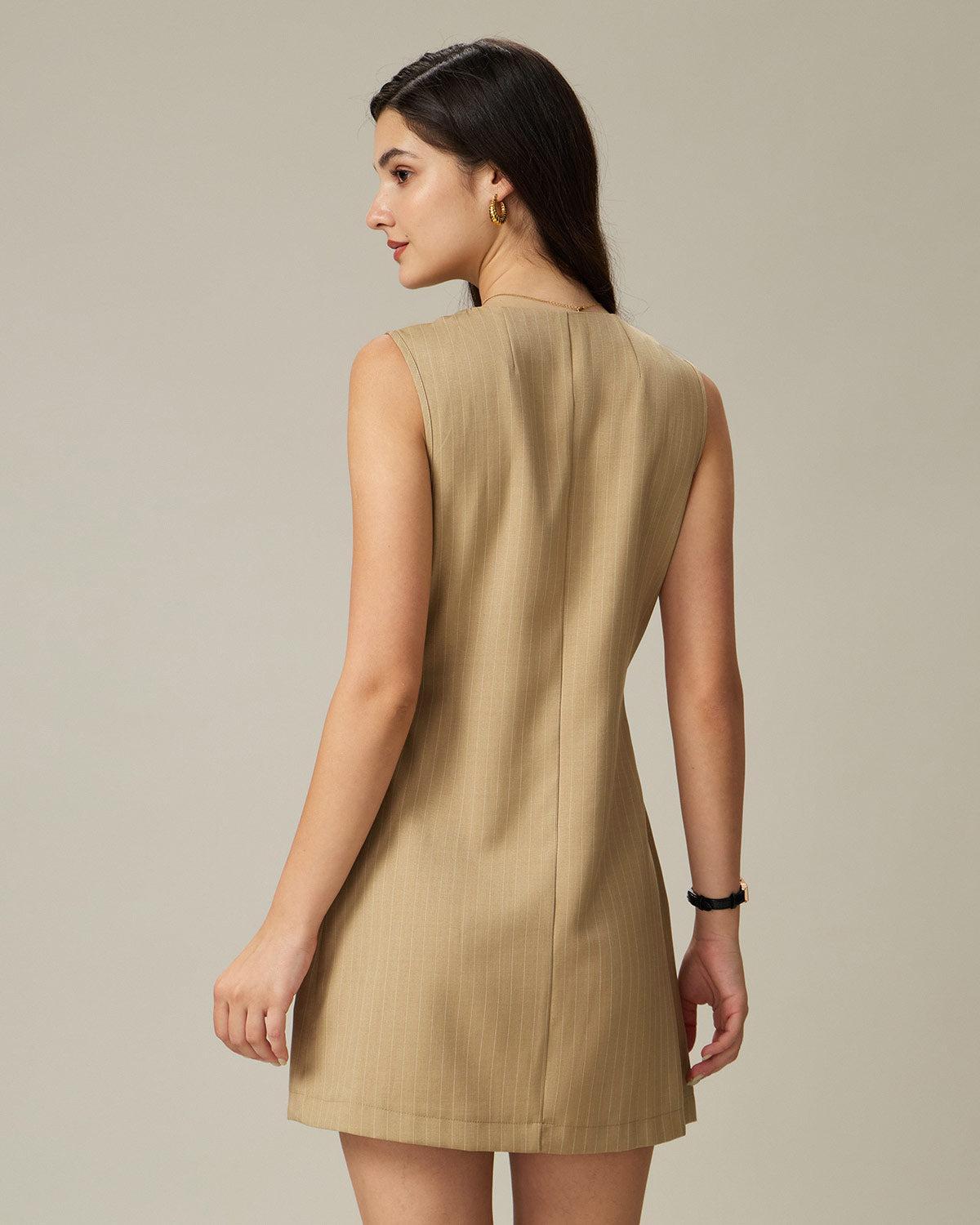 Khaki Round Neck Button Mini Dress Product Image