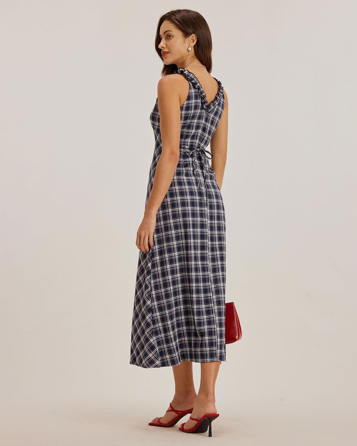 Blue Plaid V Neck Slip Maxi Dress Product Image