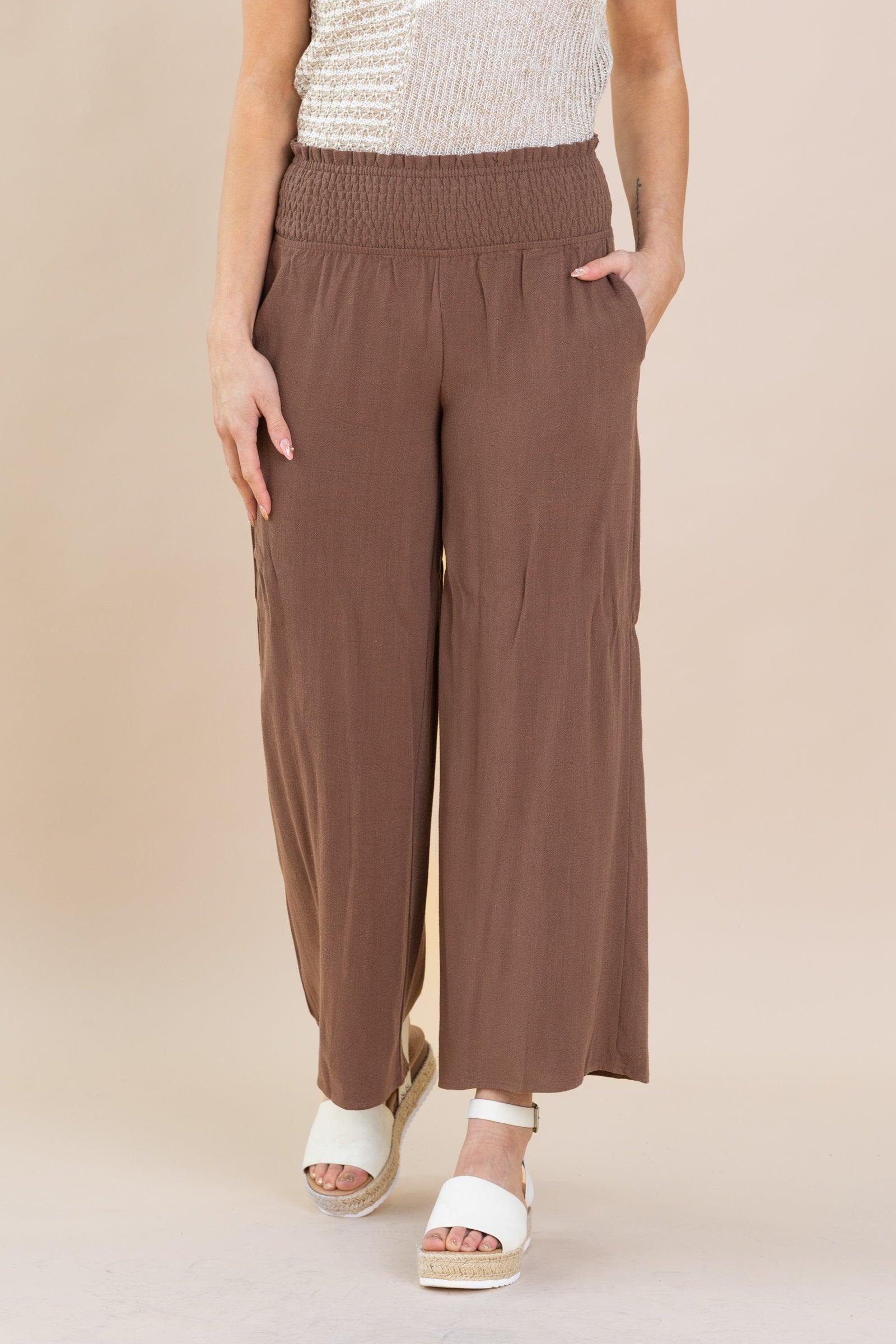 Smocked Waist High Waist Pants With Pockets Product Image