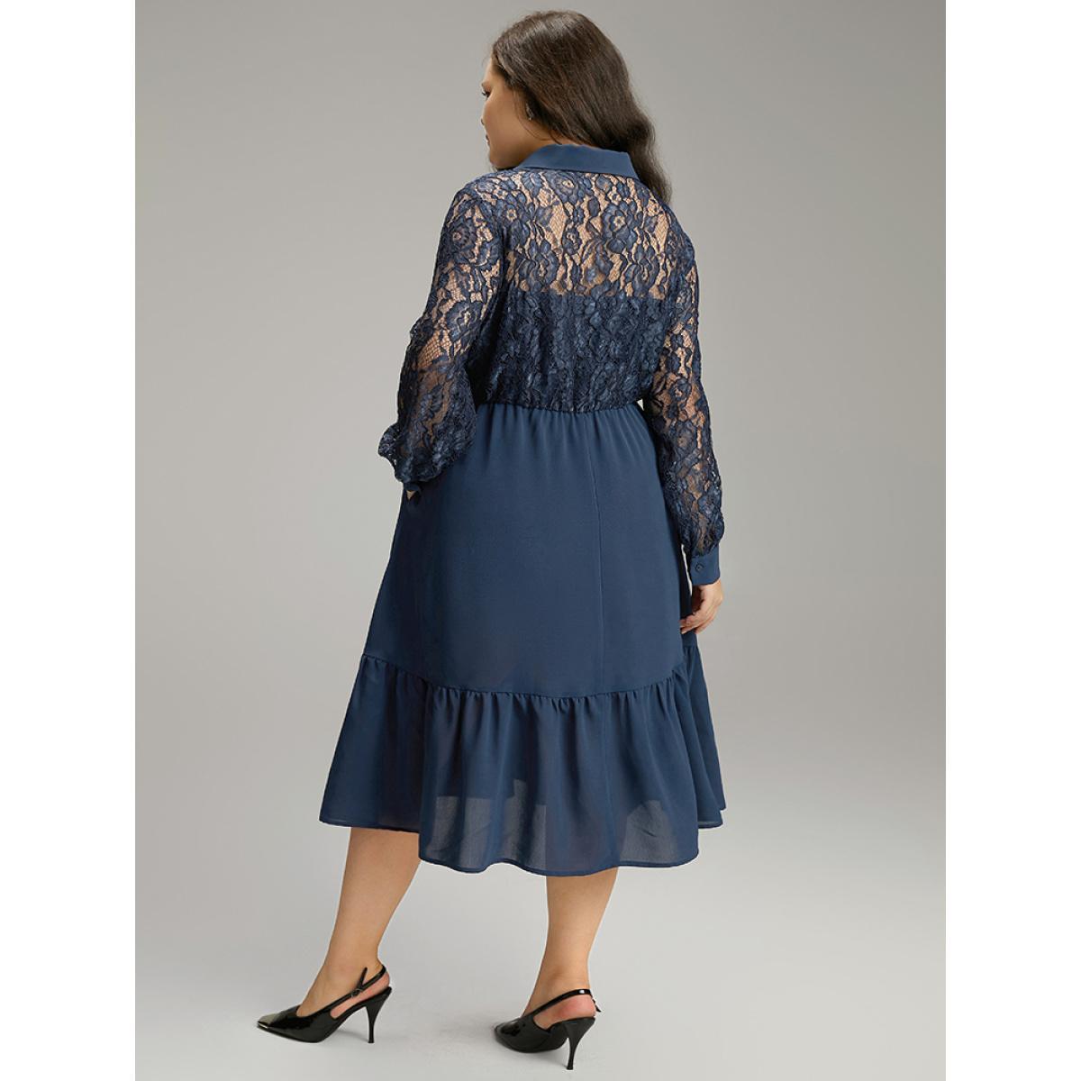 Plus Size Contrast Lace Shirt Collar Ruffle Hem Dress Indigo Women Office Plain Shirt collar Long Sleeve Curvy Midi Dress BloomChic 12/L Product Image
