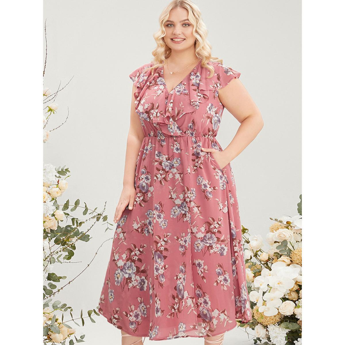 Plus Size Floral Print Ruffle Trim Pocket Sleeveless Wrap Dress DustyPink Women Elegant Elastic Waist Overlap Collar Sleeveless Curvy Midi Dress BloomChic 18-20/2X Product Image