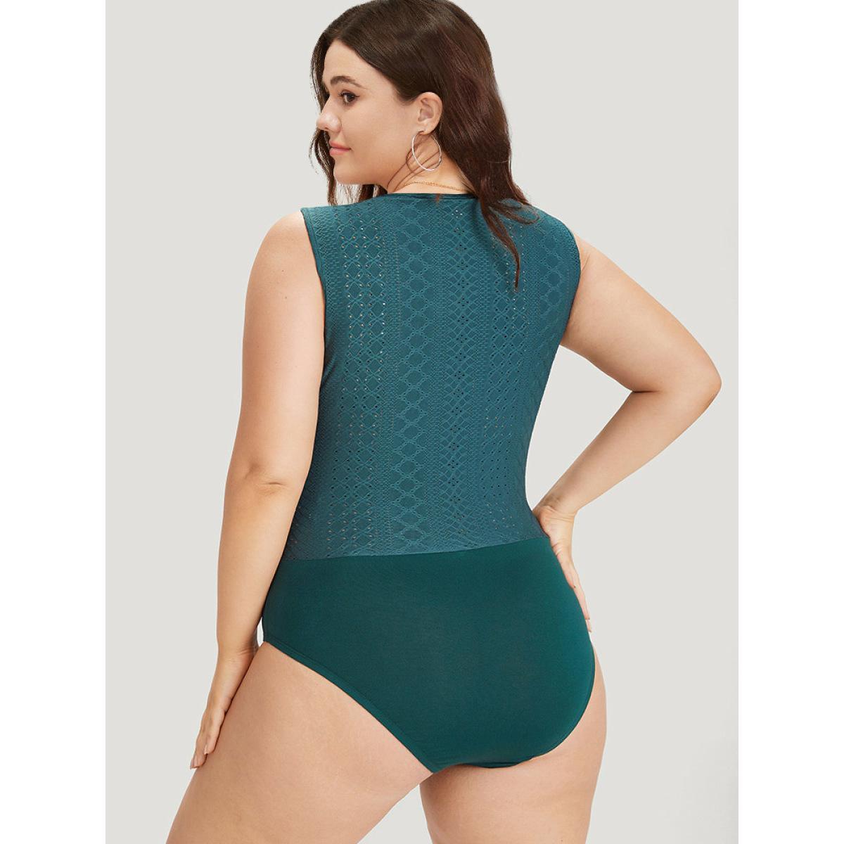 Plus Size Plain Patchwork Broderie Anglaise Tank Bodysuit Women Cyan Plain Broderie anglaise Bodysuits BloomChic 10/M Product Image