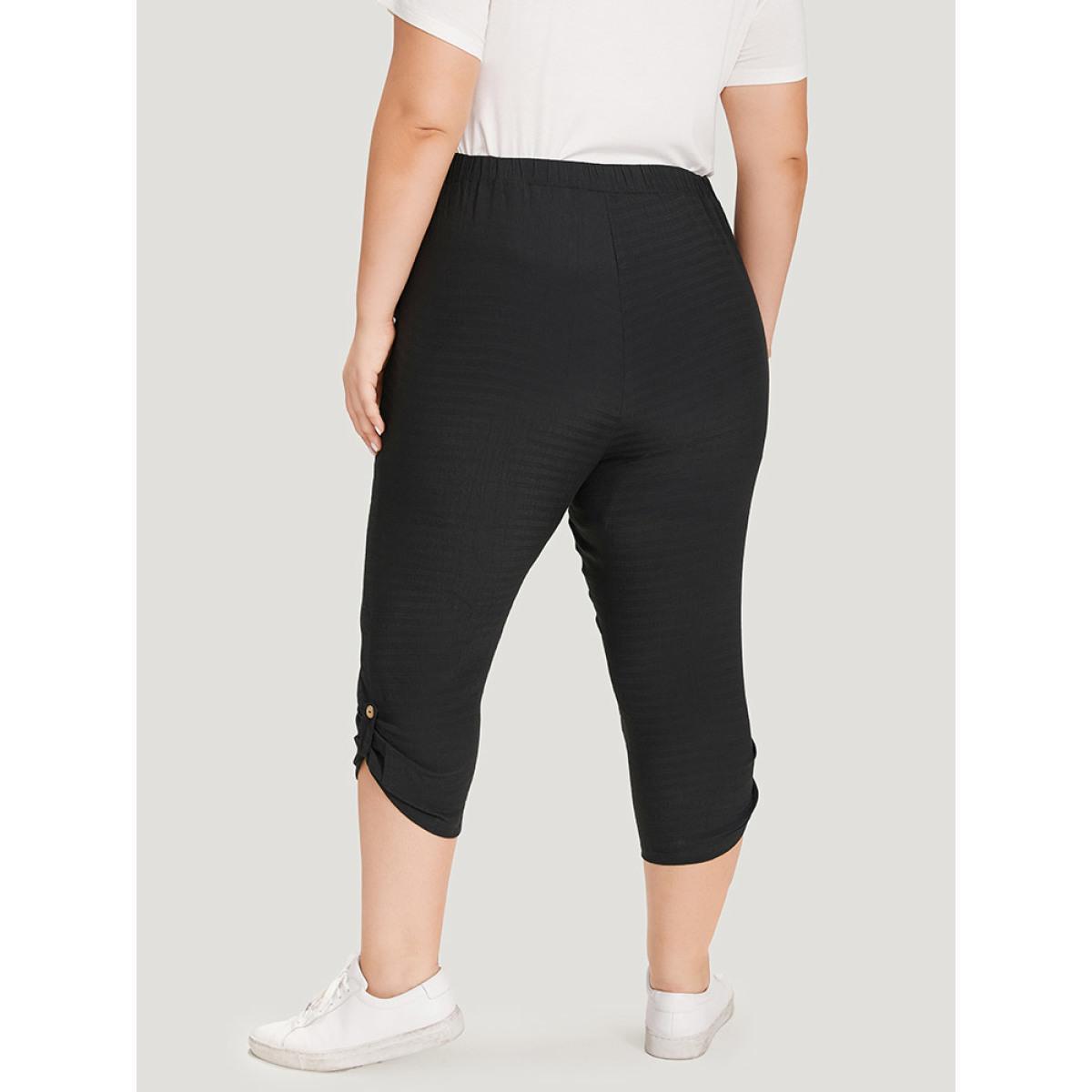 Plus Size Solid Pocket Button Detail High Rise Pants Women Black Casual High Rise Dailywear Pants BloomChic 10/M Product Image