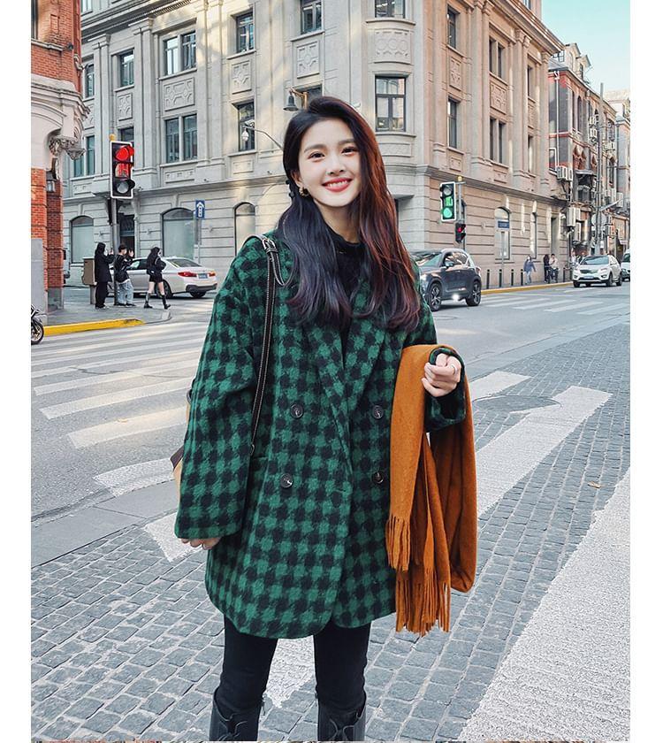 Notch Lapel Plaid Double-Breasted Coat Product Image