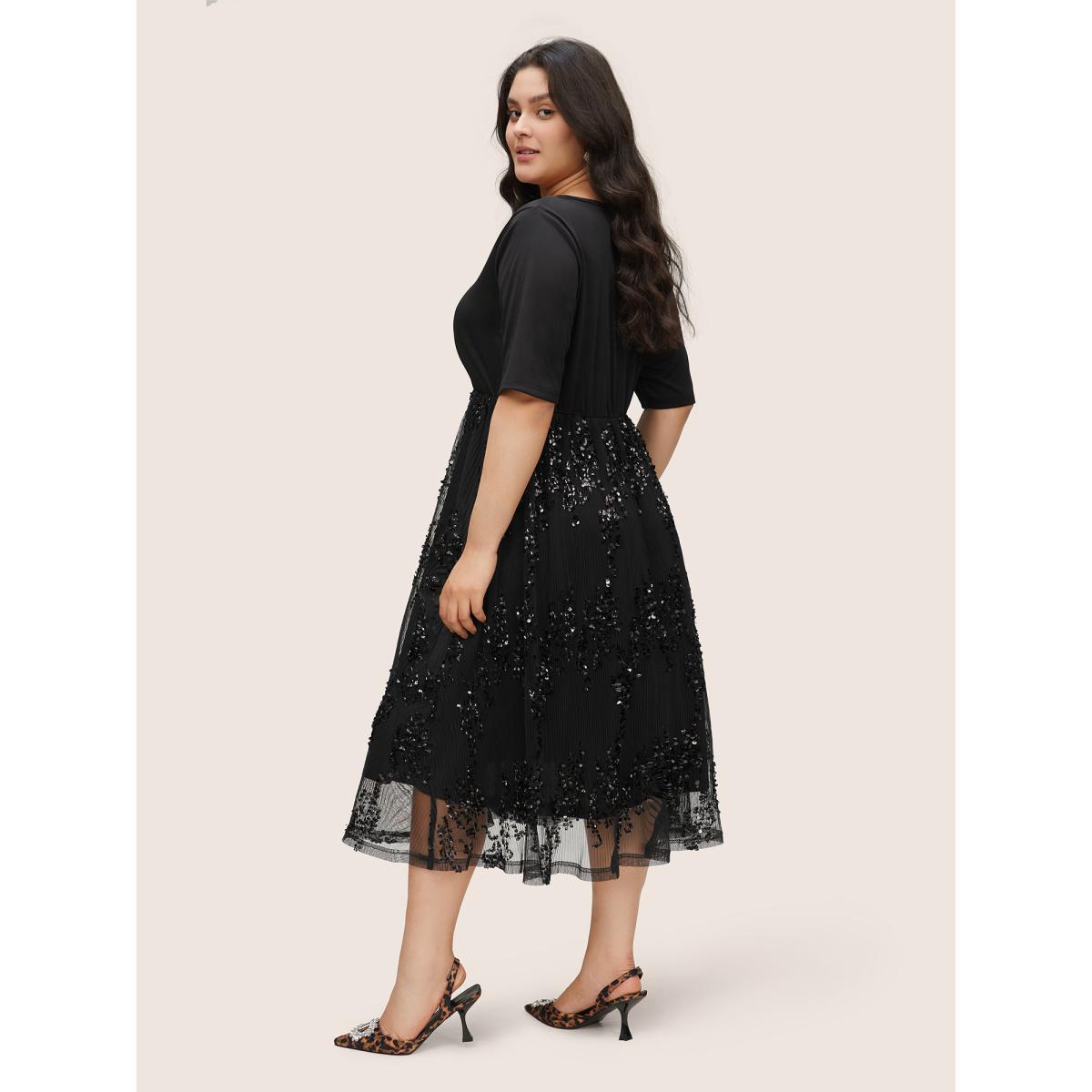 Plus Size Sequin Mesh Patchwork Square Neck Elastic Waist Dress Black Women Cocktail Sequin Square Neck Half Sleeve Curvy Midi Dress BloomChic 30/6X Product Image
