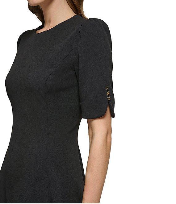DKNY by Donna Karan Solid Scuba Crepe Crew neck Button Detail Fit & Flare Dress Product Image