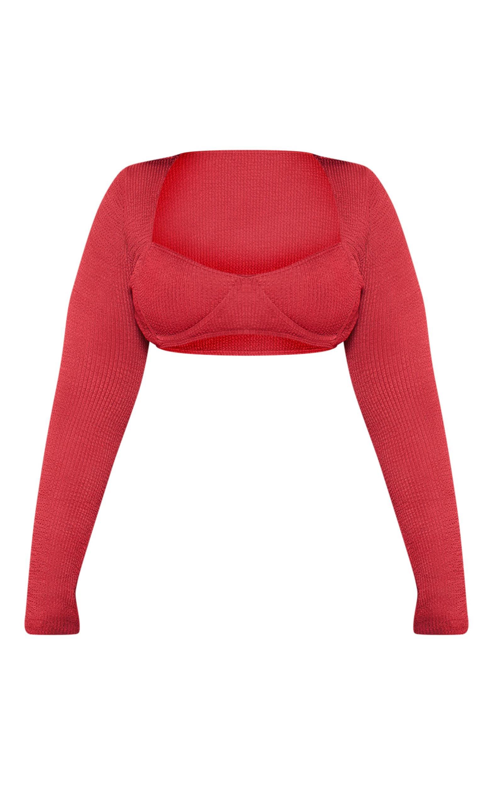 Plus Cherry Red Crinkle Long Sleeve Cupped Bikini Top Product Image