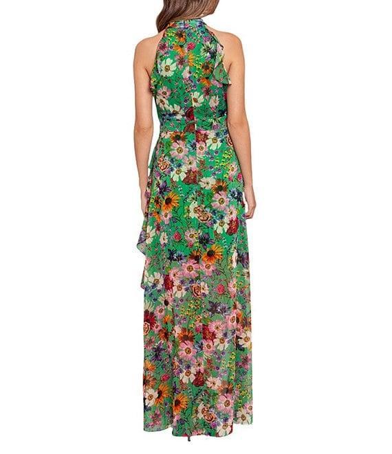 Betsy & Adam Petite Size Sleeveless Halter Neck Floral Chiffon Maxi Fit and Flare Dress Product Image