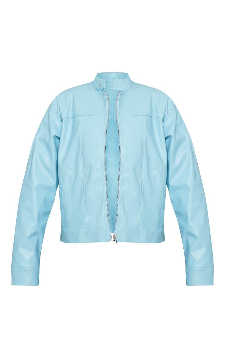 Light Blue Faux Leather Minimalist Racer Jacket Product Image