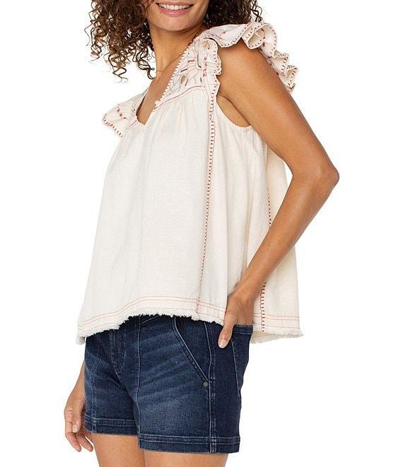 Liverpool Los Angeles Woven V-Neck Cap Sleeve Embroidered Top Product Image