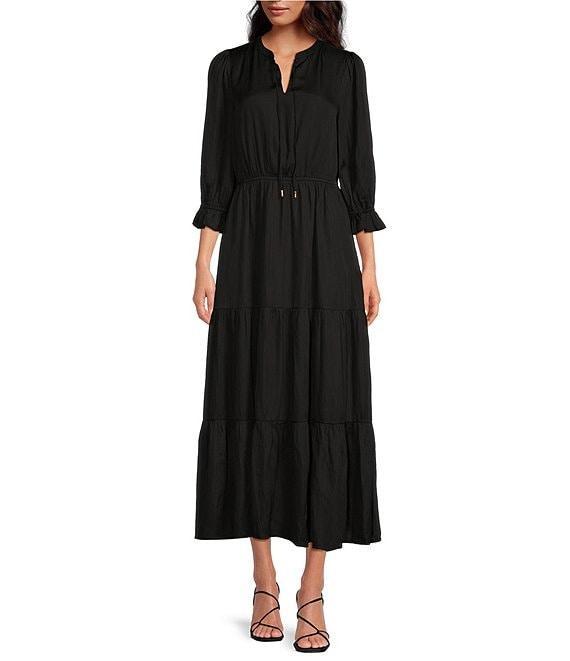 Skies Are Blue Split Tie Neck 3/4 Sleeve Tiered Ruffle Maxi Dress Product Image