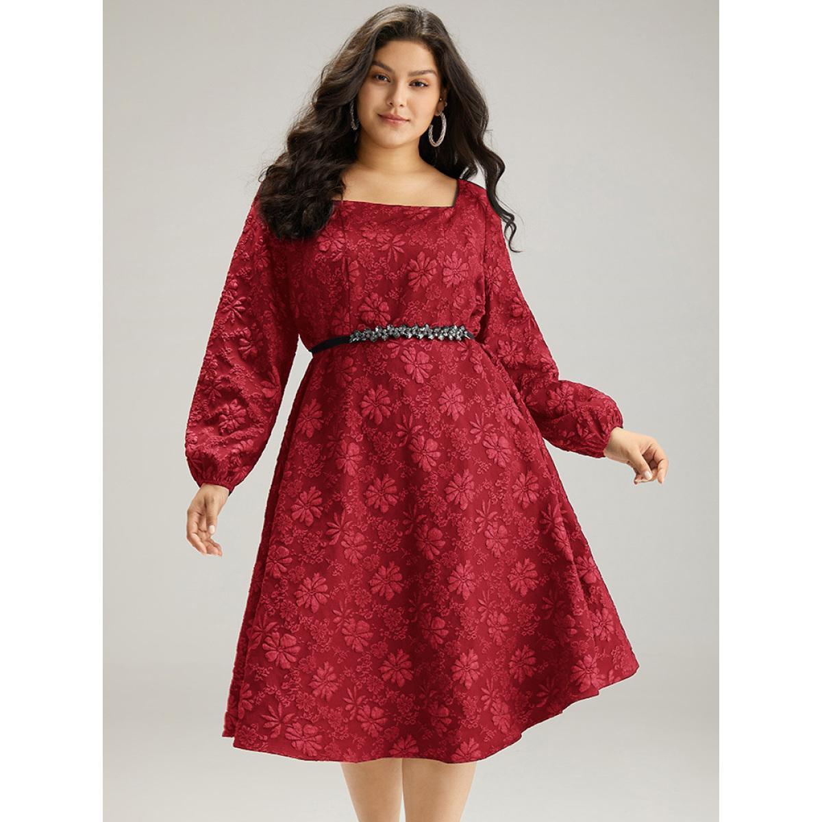Plus Size Floral Print Plisse Pocket Lantern Sleeve Dress Raspberry Women Cocktail Elastic cuffs Square Neck Long Sleeve Curvy Midi Dress BloomChic 22-24/3X Product Image