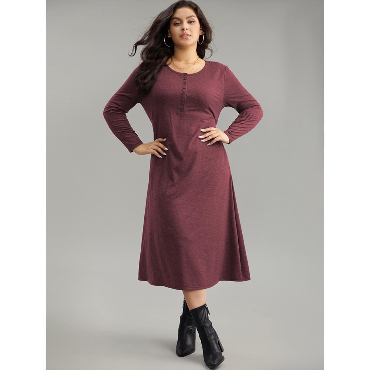 Plus Size Solid Button Up Pocket Dress Maroon Women Basics Non Round Neck Long Sleeve Curvy Midi Dress BloomChic 22-24/3X Product Image