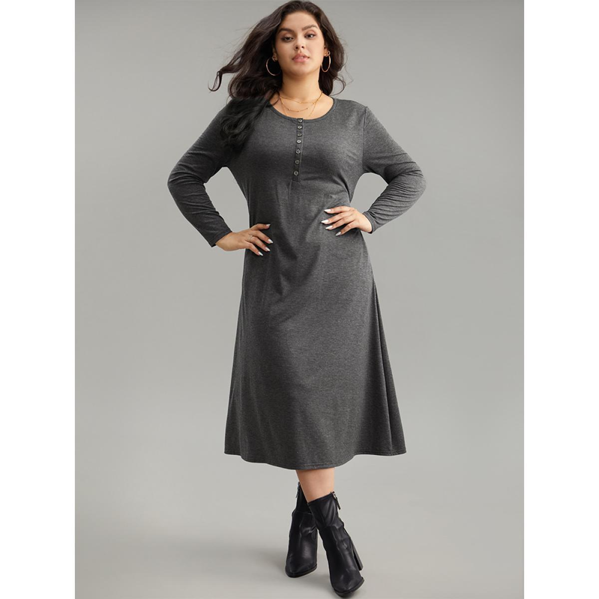 Plus Size Solid Button Up Pocket Dress DimGray Women Basics Non Round Neck Long Sleeve Curvy Midi Dress BloomChic 22-24/3X Product Image