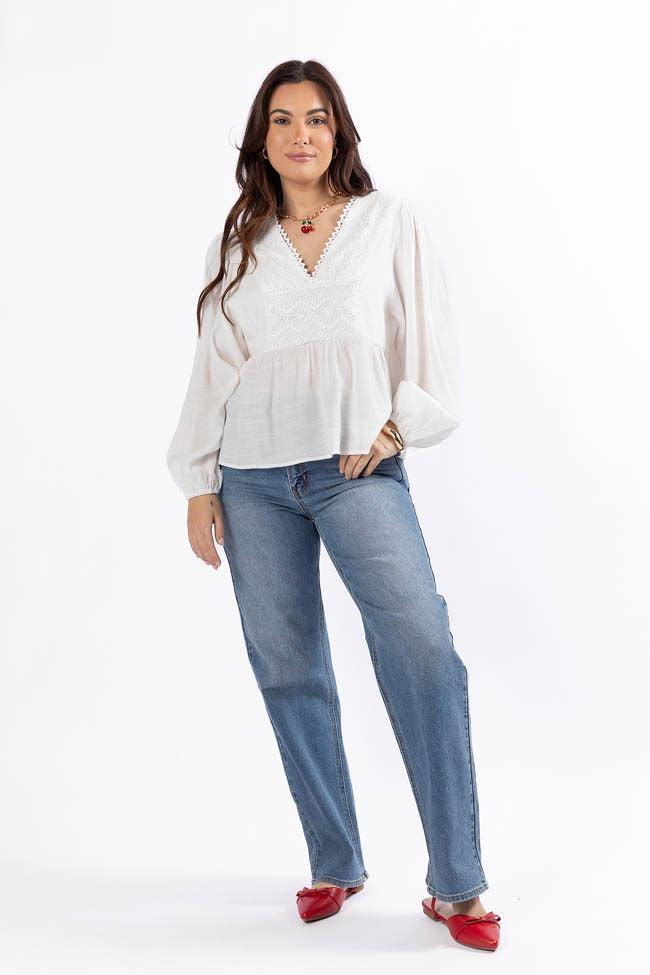 Glistening Lights Ivory Lace Detail Woven Long Sleeve Blouse SALE Product Image