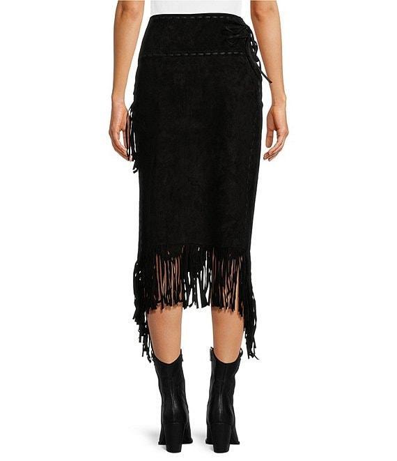 Scully Suede Leather High Rise Wrap Fringe Midi Skirt Product Image