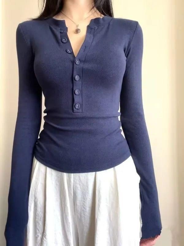 Long Sleeve Henley Plain T-Shirt Product Image