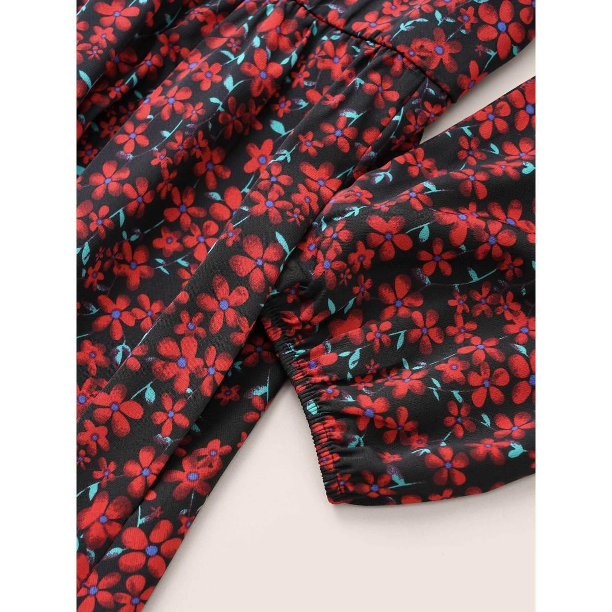 Plus Size Ditsy Floral Square Neck Split Side Dress Black Women Elegant Elastic cuffs Square Neck Long Sleeve Curvy Midi Dress BloomChic 26/4X Product Image