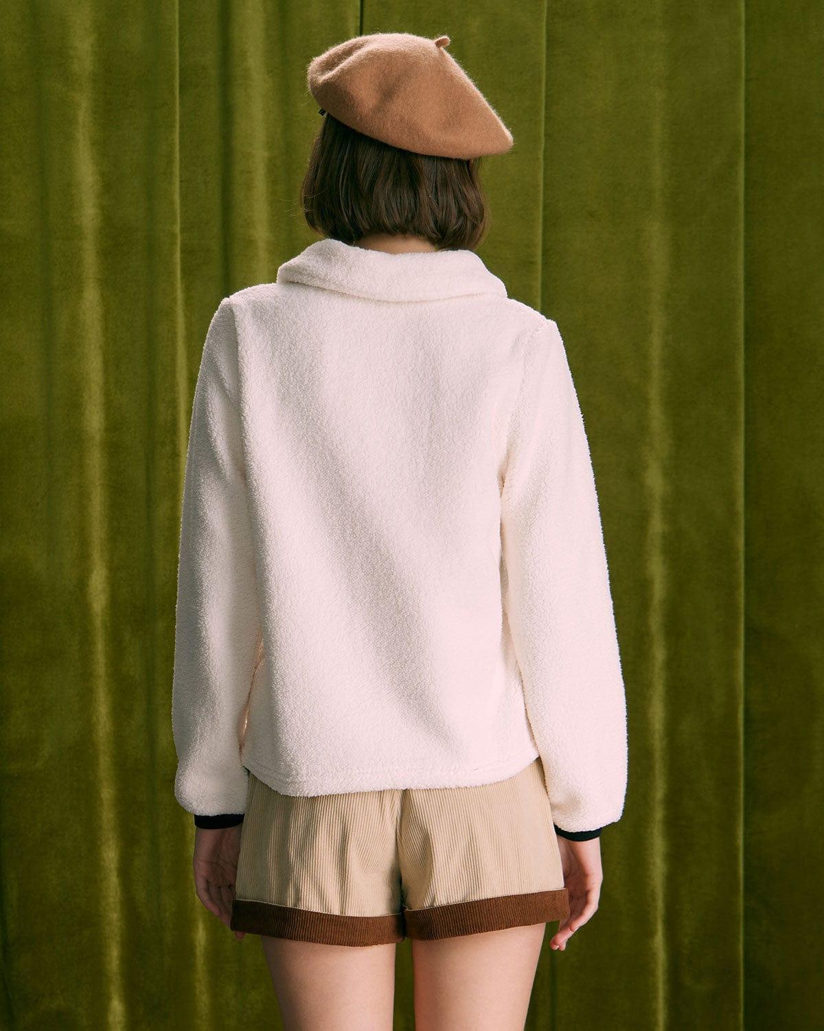 The Beige V Neck Spliced Teddy Sweatshirt Product Image
