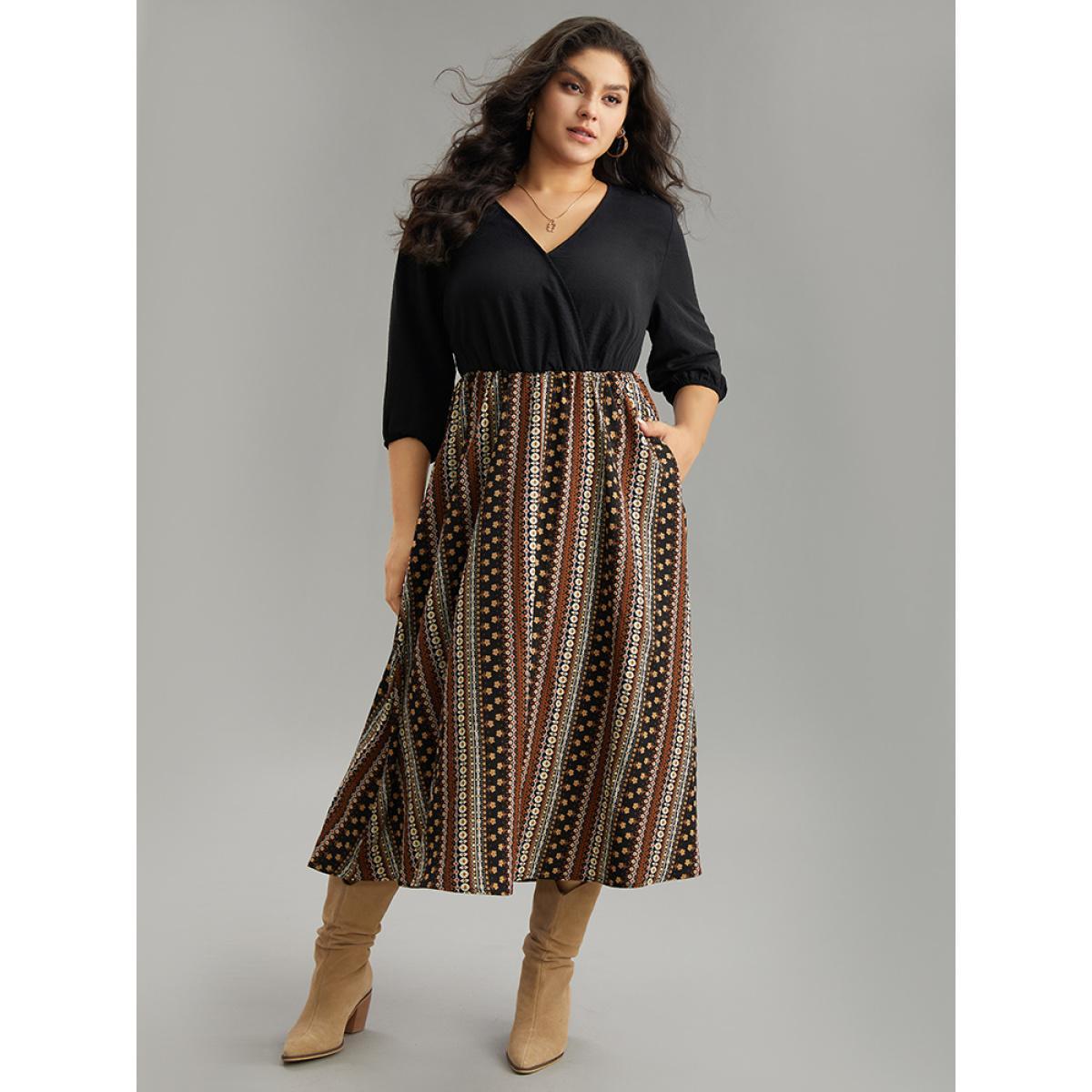 Plus Size Bandana Striped Patchwork Wrap Dress Black Women Vacation Elastic cuffs V-neck Elbow-length sleeve Curvy Midi Dress BloomChic 14-16/1X Product Image