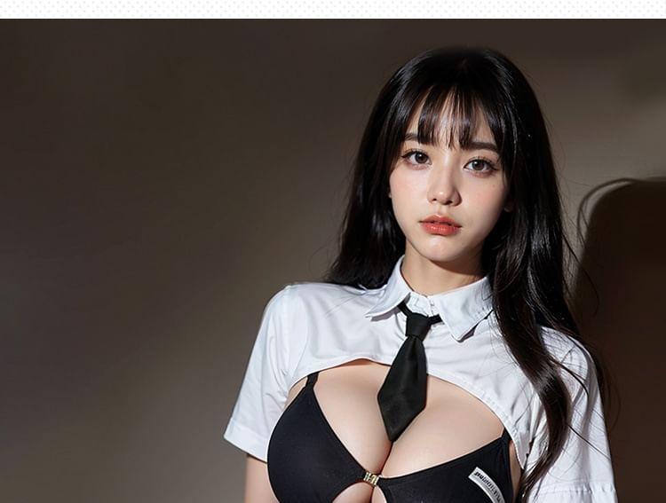Teacher Lingerie Set: Crop Shirt + Mini Dress + Thong + Tie Product Image