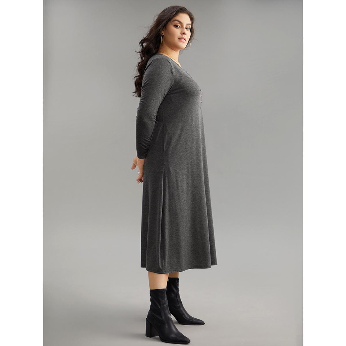 Plus Size Solid Button Up Pocket Dress DimGray Women Basics Non Round Neck Long Sleeve Curvy Midi Dress BloomChic 22-24/3X Product Image