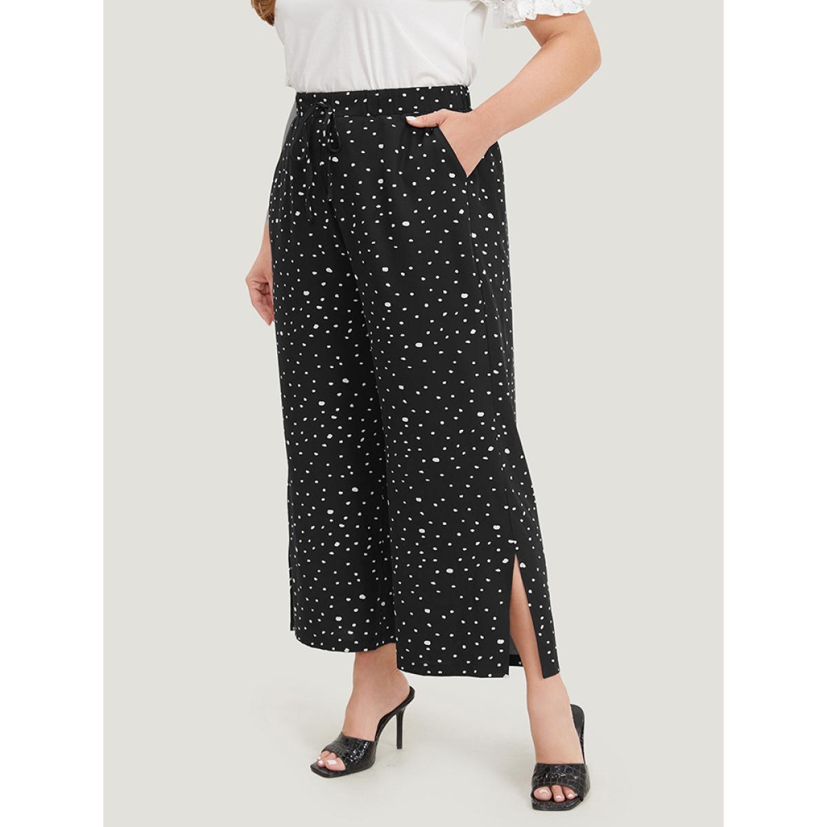 Plus Size Polka Dot Drawstring Pocket Split Hem Pants Women Black Elegant High Rise Dailywear Pants BloomChic 28/5X Product Image