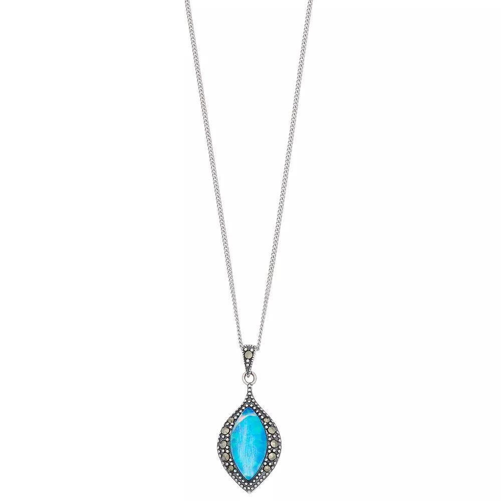 Tori Hill Sterling Silver Simulated Blue Opal & Marcasite Marquise Pendant, Women's, Size: 18" Product Image