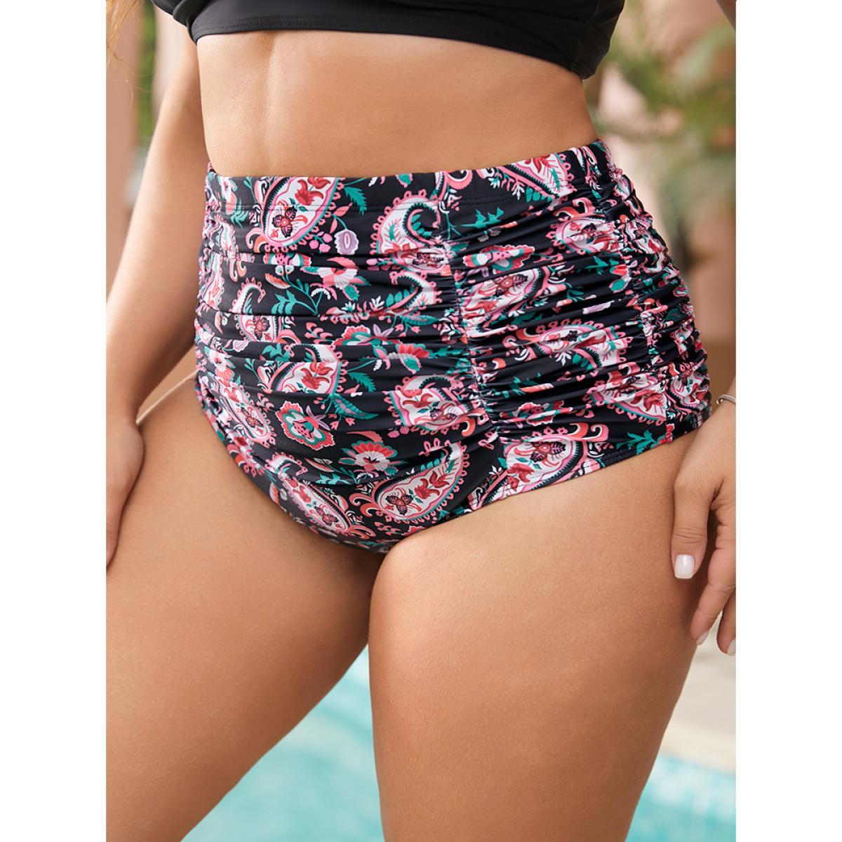 Plus Size Paisley High Waist Ruched Detail Swim Bottom Women's Swimwear Black Vacation Printed High stretch Skinny High Rise Curve Swim Bottoms BloomChic 30/6X Product Image