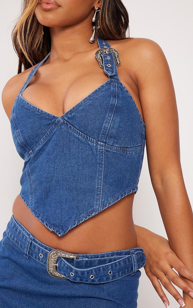 Indigo Buckle Detail Halterneck Crop Denim Top Product Image