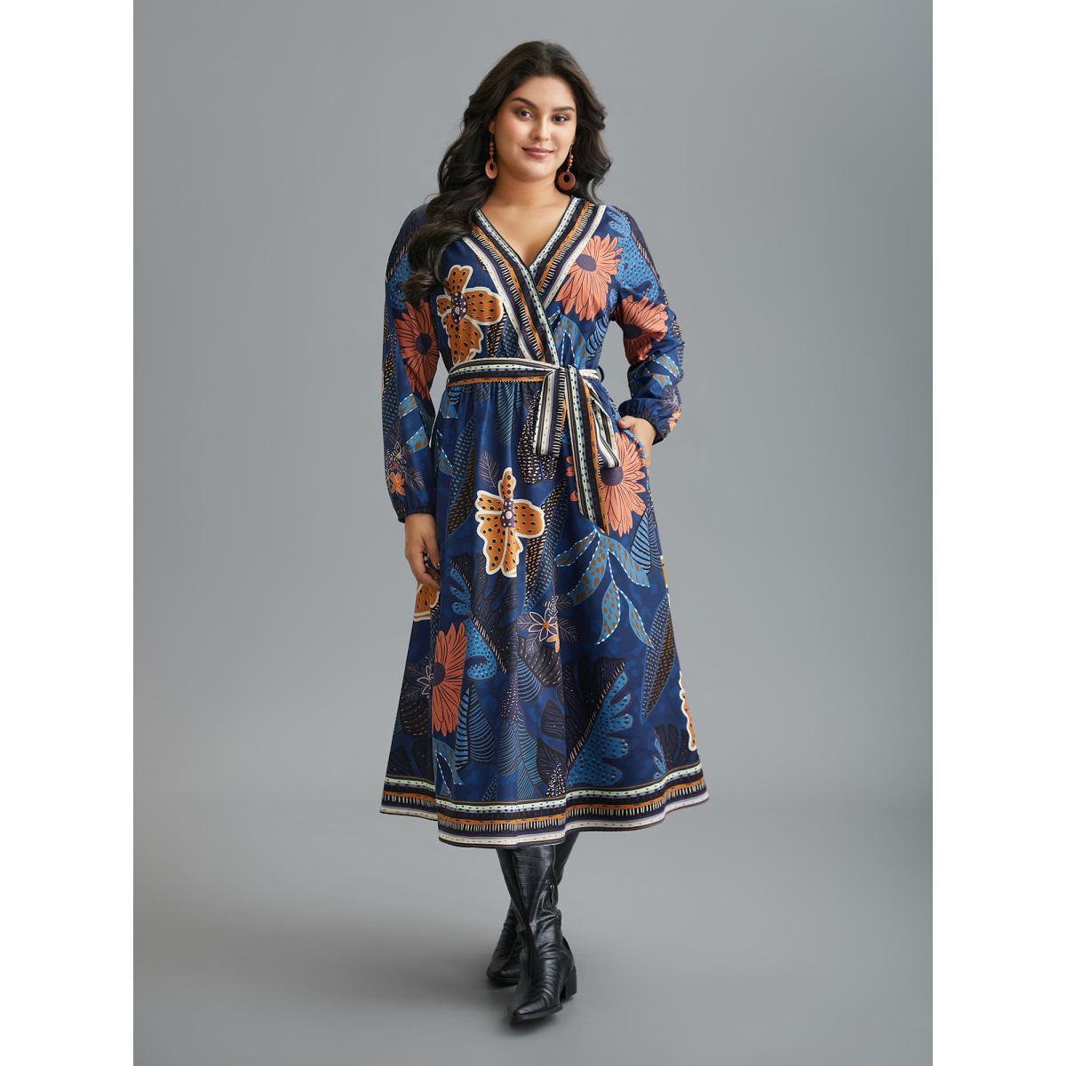 Plus Size Boho Print Belted Lantern Sleeve Dress DarkBlue Women Resort Belted Overlap Collar Long Sleeve Curvy BloomChic 12/L Product Image