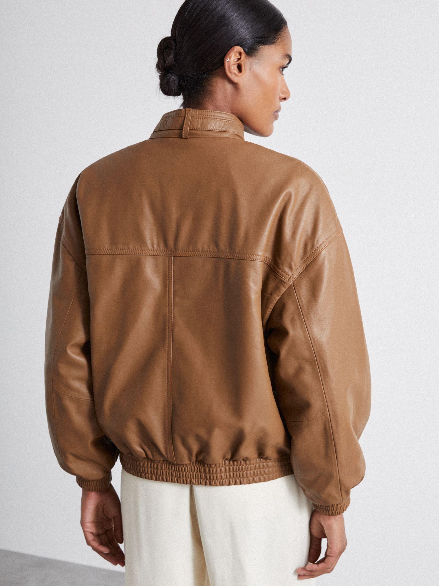 Atelier Leather Latched-Collar Bomber Jacket in Tan Product Image