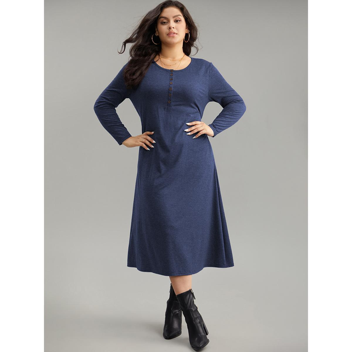 Plus Size Solid Button Up Pocket Dress DarkBlue Women Basics Non Round Neck Long Sleeve Curvy Midi Dress BloomChic 14-16/1X Product Image