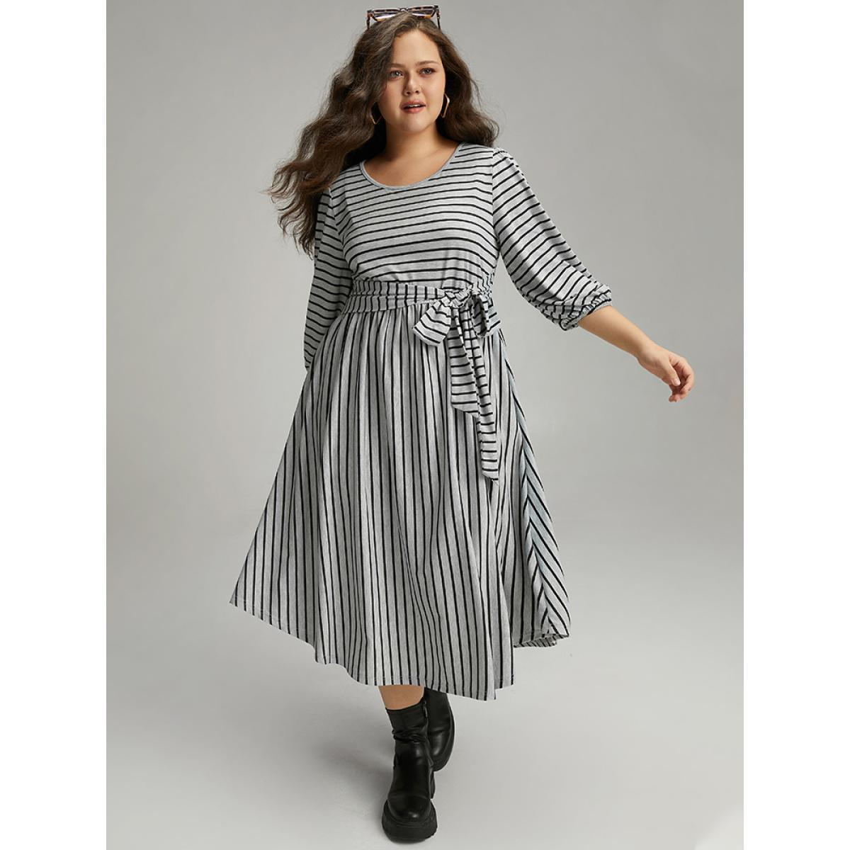 Plus Size Striped Ties Lantern Sleeve Curved Hem Dress Gray Women Casual Elastic cuffs Round Neck Elbow-length sleeve Curvy Midi Dress BloomChic 30/6X Product Image
