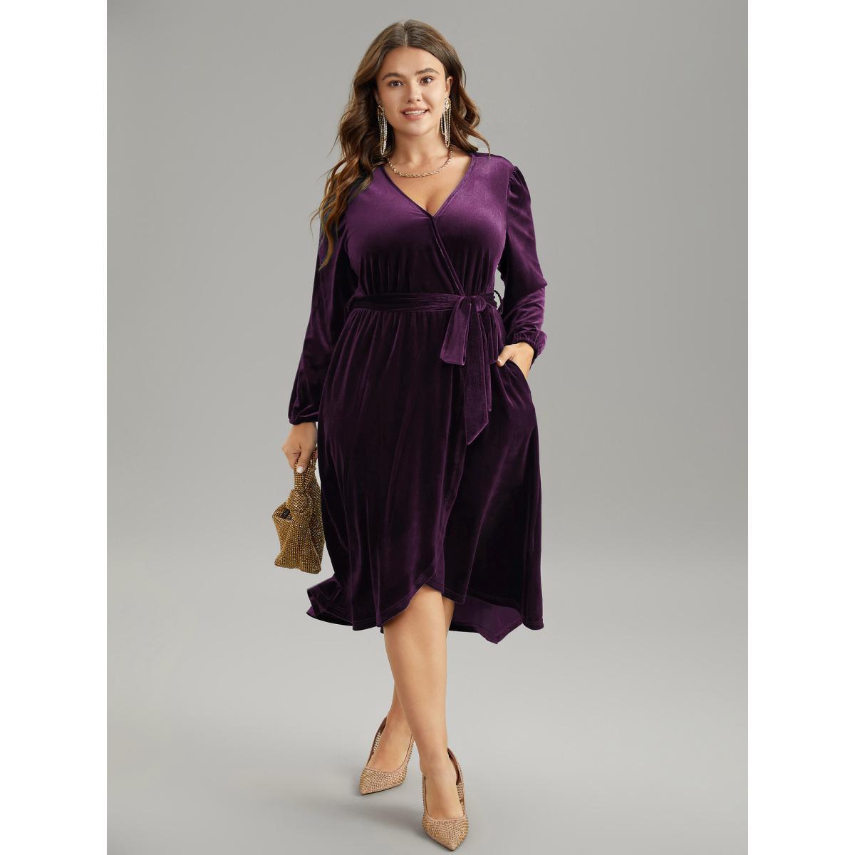 Plus Size Solid Velvet Belted Wrap Arc Hem Dress Deeppurplered Women Elegant Elastic cuffs Overlap Collar Long Sleeve Curvy Midi Dress BloomChic 30/6X Product Image