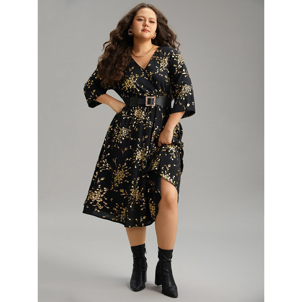 Plus Size Floral Glitter Pocket Gathered Detail Dress Black Women Elegant Wrap Overlap Collar Elbow-length sleeve Curvy Midi Dress BloomChic 10/M Product Image
